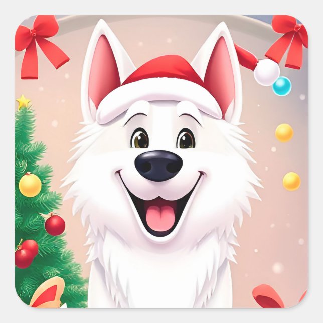 White Dog in Santa Hat Square Sticker (Front)