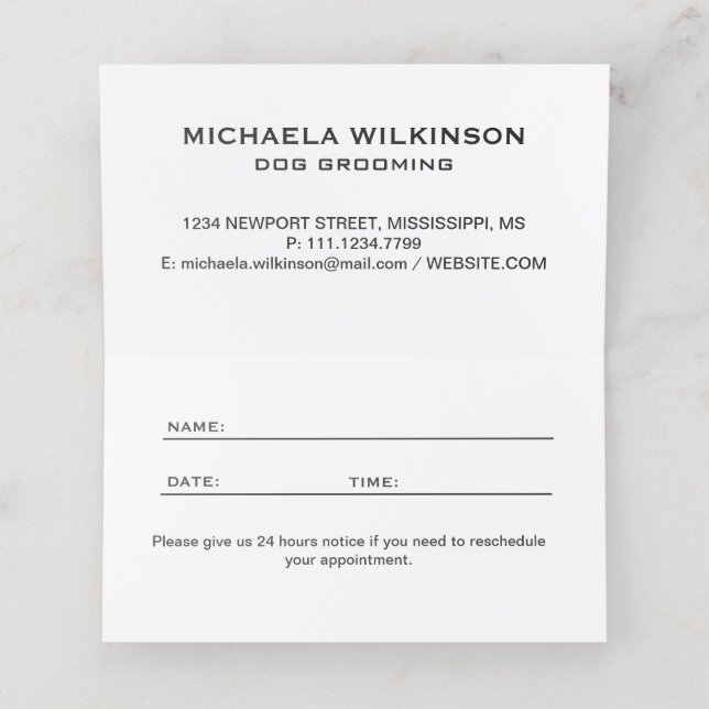  White Dog Paw on black Pet Grooming Service  Appointment Card (Inside Unfolded)
