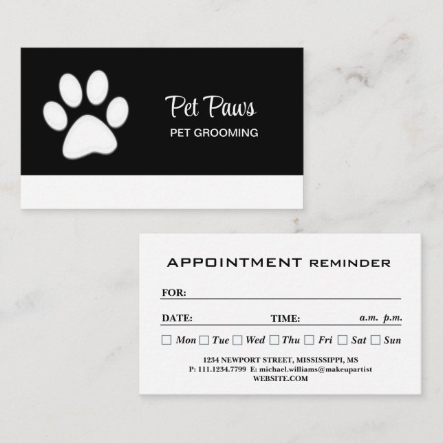  White Dog Paw on black Pet Grooming Service  Appointment Card (Front/Back)