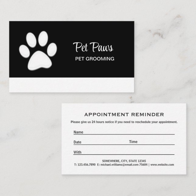  White Dog Paw on black Pet Grooming Service  Appointment Card (Front/Back)