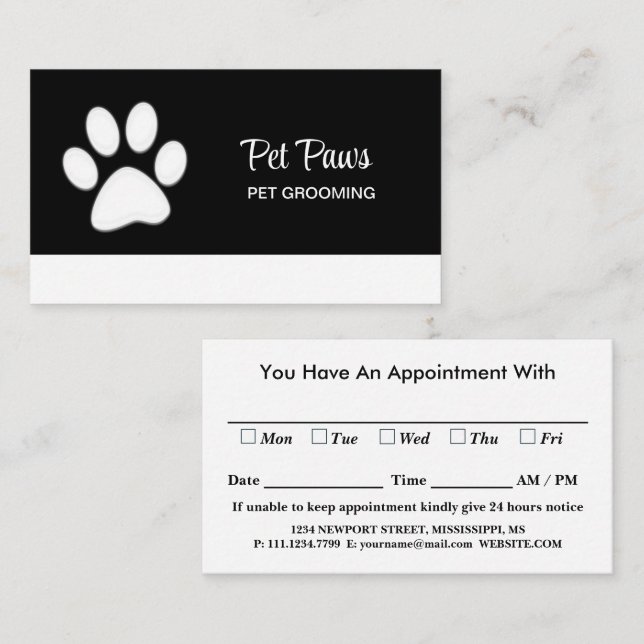  White Dog Paw on black Pet Grooming Service  Appointment Card (Front/Back)