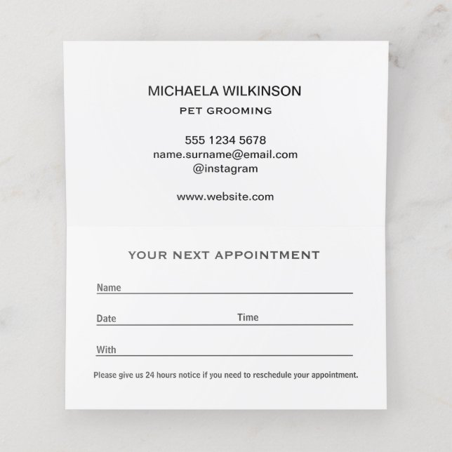  White Dog Paw on black Pet Grooming Service  Appointment Card (Inside Unfolded)