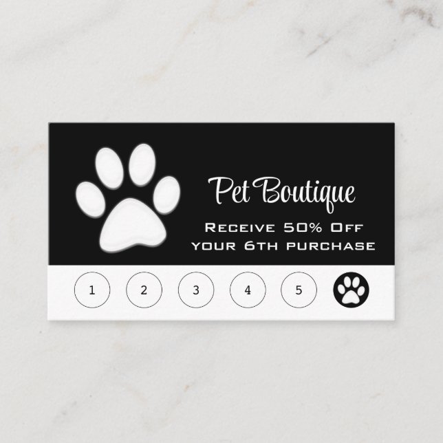  White Dog Paw on black Pet Grooming Service  Loyalty Card (Front)