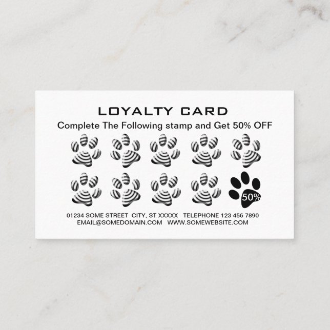  White Dog Paw on black Pet Grooming Service  Loyalty Card (Back)