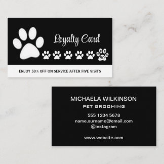 White Dog Paw on black Pet Grooming Service  Loyalty Card