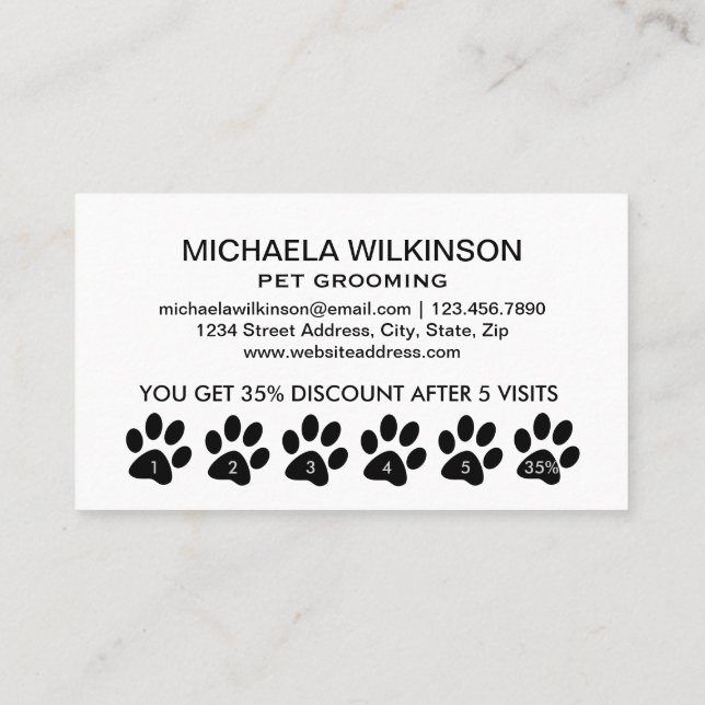  White Dog Paw on black Pet Grooming Service  Loyalty Card (Back)