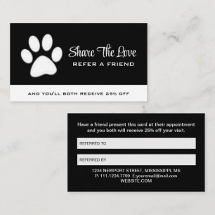  White Dog Paw on black Pet Grooming Service  Referral Card