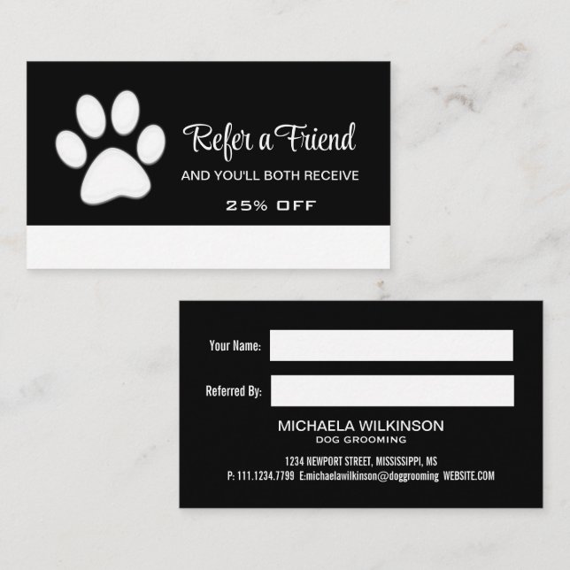  White Dog Paw on black Pet Grooming Service  Referral Card (Front/Back)