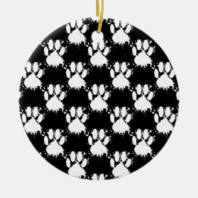 White Dog Paw Pattern With Paint Splatter Ceramic Ornament (Front)