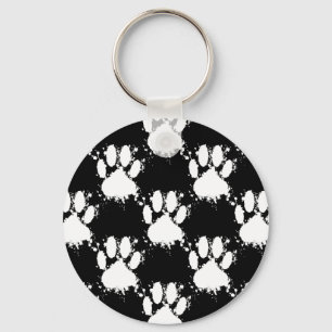 White Dog Paw Pattern With Paint Splatter Keychain