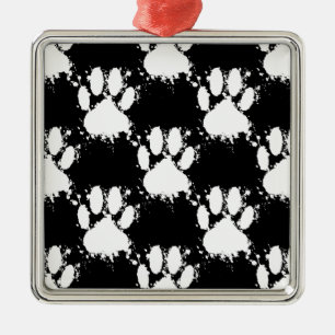 White Dog Paw Pattern With Paint Splatter Metal Ornament