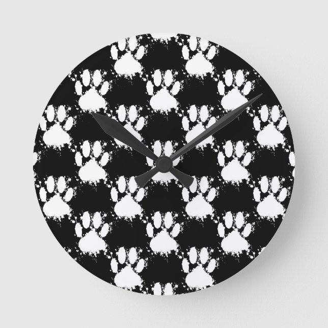 White Dog Paw Pattern With Paint Splatter Round Clock (Front)
