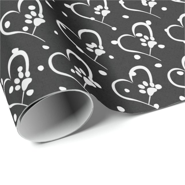 white dog paw prints on heart wrapping paper (Roll Corner)