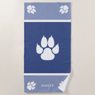 White Dog Paws On Blue With Custom Name Beach Towel