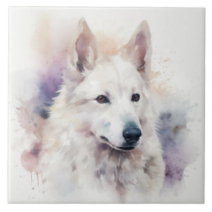 White Dog Portrait in Pastel Watercolor Tile
