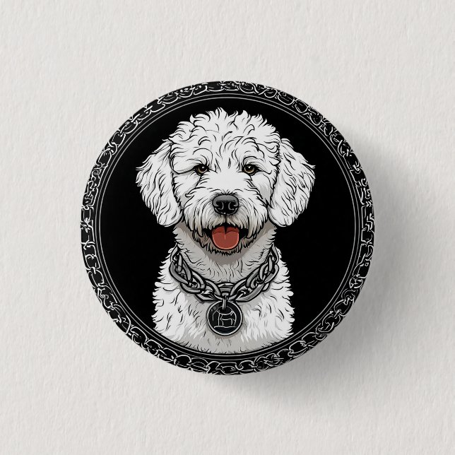 White Dog Portrait with Chain Collar 1 Inch Round Button (Front)