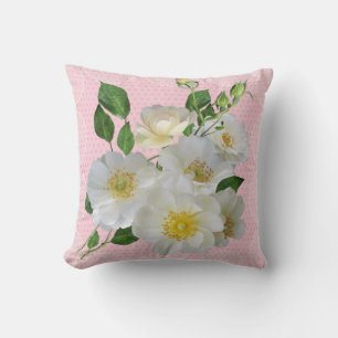 White dog roses floral pillow