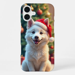 White Dog Santa Hat Holiday Everyday Protection iPhone 16 Plus Case