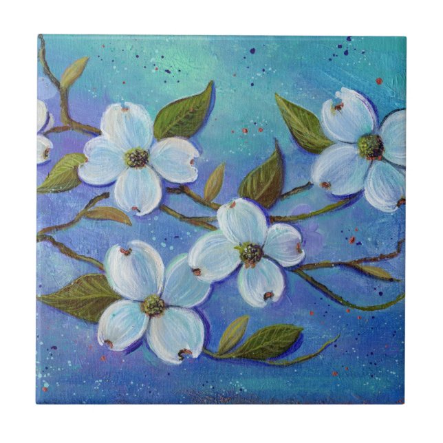 White dogwood flowers ceramic tile by Renee (Front)