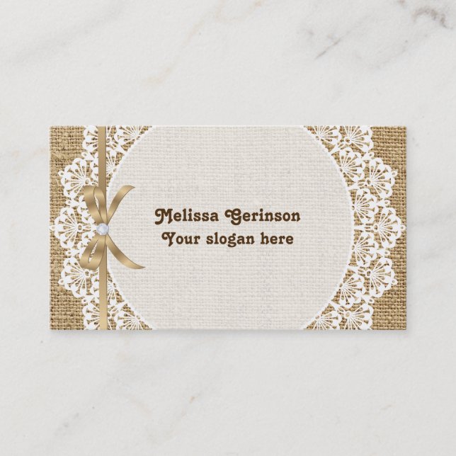 White doily with lace and burlap business card (Front)