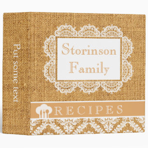 White doily with lace and burlap recipe binder