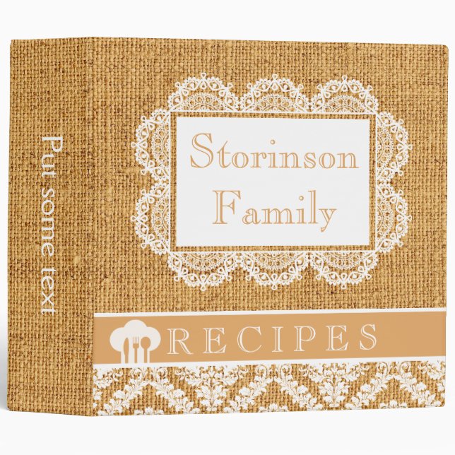 White doily with lace and burlap recipe binder (Front/Spine)