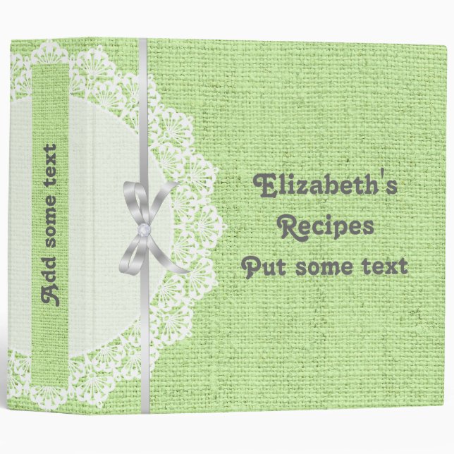 White doily with lace and green burlap recipe binder (Front/Spine)