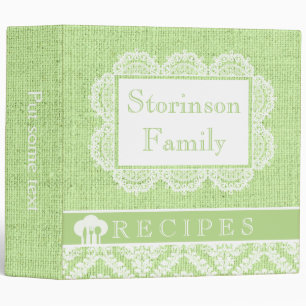White doily with lace and green burlap recipe binder