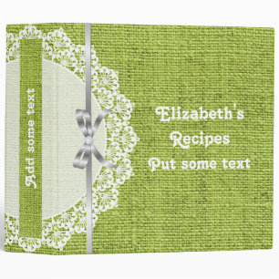 White doily with lace and green burlap recipe binder