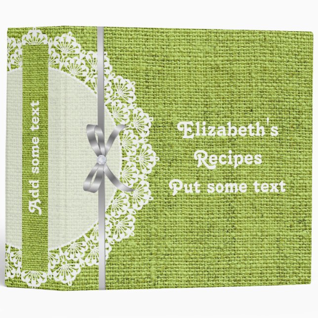 White doily with lace and green burlap recipe binder (Front/Spine)