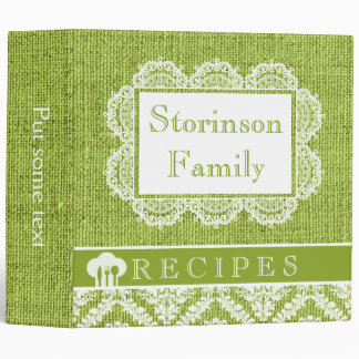 White doily with lace and green burlap recipe binder