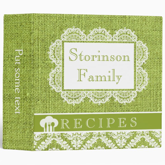 White doily with lace and green burlap recipe binder (Front/Spine)