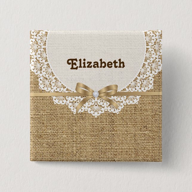 White doily with lace and linen natural burlap 2 inch square button (Front)