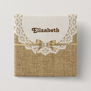 White doily with lace and linen natural burlap 2 inch square button