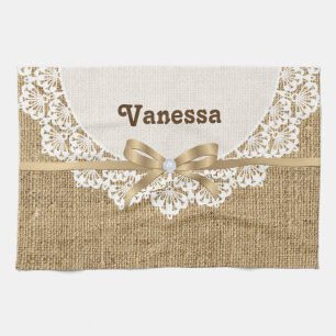 White doily with lace and linen natural burlap kitchen towel