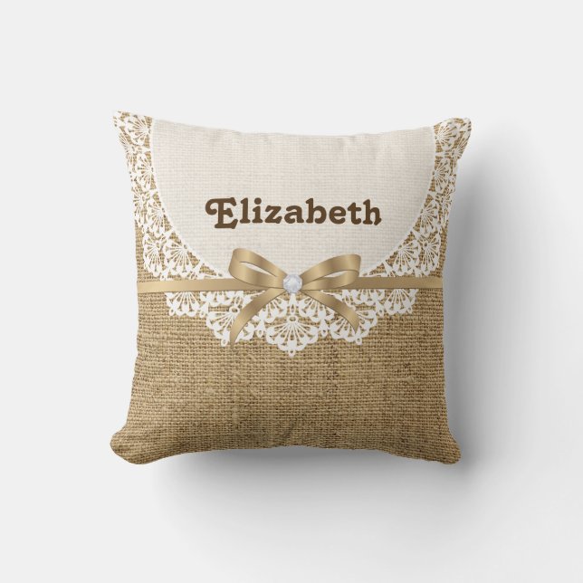 White doily with lace and linen natural burlap throw pillow (Front)
