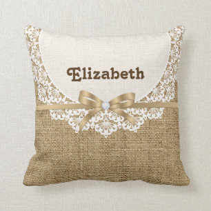 White doily with lace and linen natural burlap throw pillow