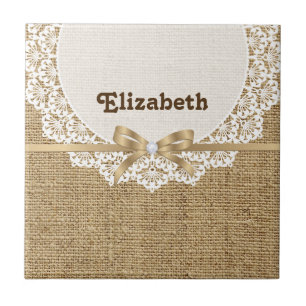 White doily with lace and linen natural burlap tile