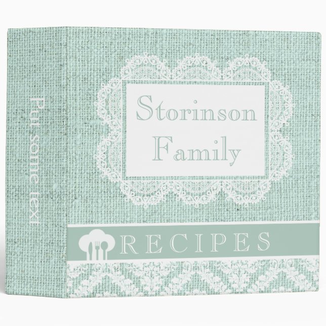 White doily with lace and mint green burlap recipe binder (Front/Spine)