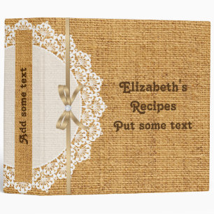 White doily with lace and orange burlap recipe binder