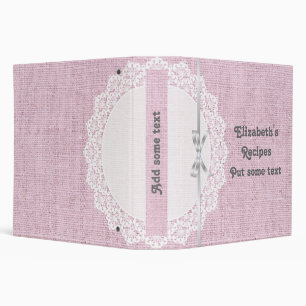White doily with lace and pink burlap recipe binder