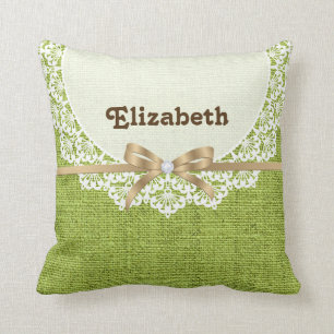 White doily with lace & lime green coloured burlap throw pillow