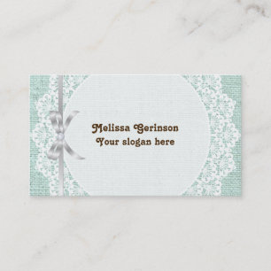 White doily with lace & mint green coloured burlap business card