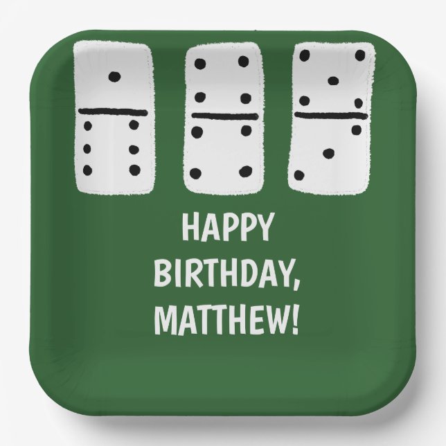 White Dominoes with Black Dots on Green Paper Plate (Front)