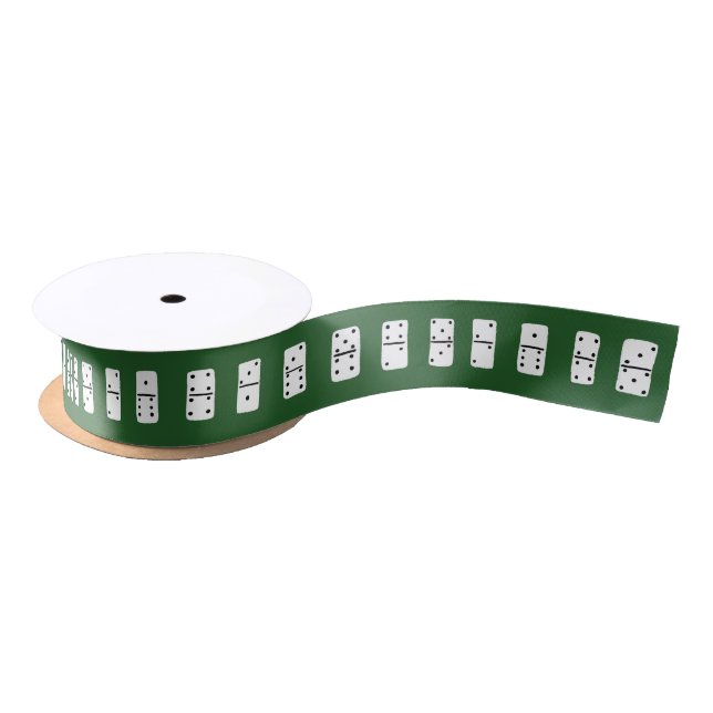 White Dominoes with Black Dots on Green Patterned Satin Ribbon (Spool)