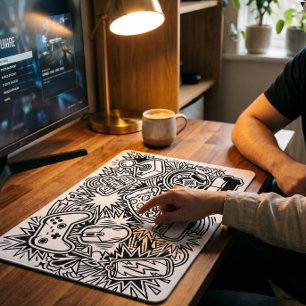White Doodle Art Gaming Icons Mouse Pad