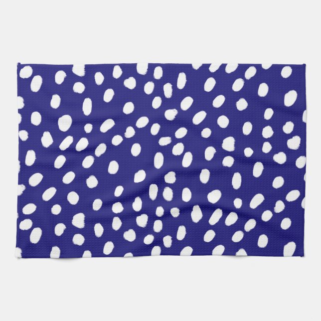 White Dots Dark Blue Kitchen Towel (Horizontal)