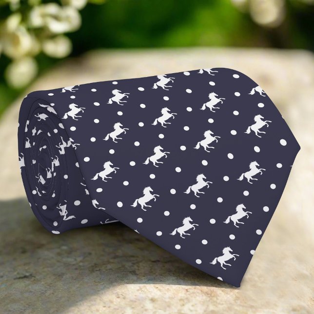 White Dots & Horses On Dark Blue Background Tie (Creator Uploaded)