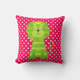 White Dots on Deep Pink With Green Lion Pillow