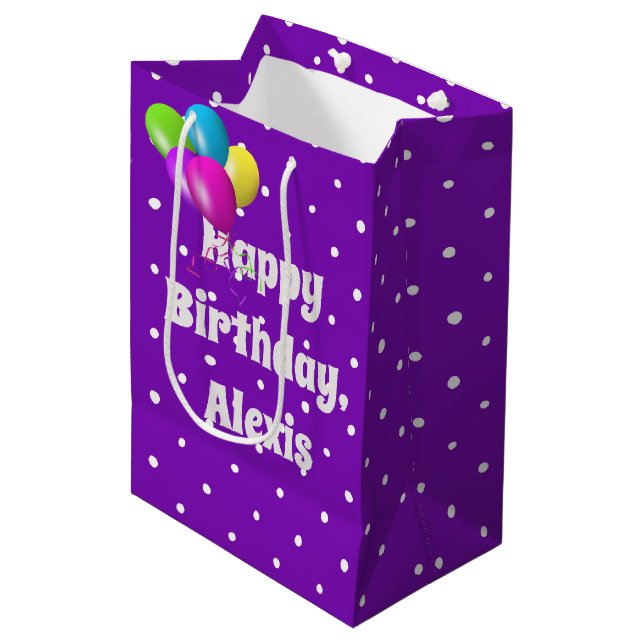 White dots on purple balloon birthday medium gift bag (Front Angled)